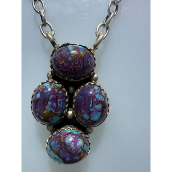 Artisan Sterling Silver Cluster Purple Mojave Turquoise Coper Chunky Necklace - Picture 10 of 13